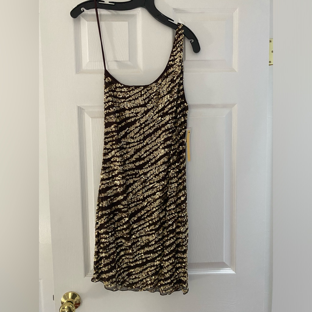 Alice & Olivia Brown And Gold One Shoulder Sequin Dress Nwt